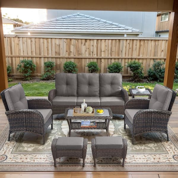 Brown 7-Piece Wicker Patio Conversation Set with Armchairs, Outdoor Sofa Seating Set with Olefin Gray Cushions