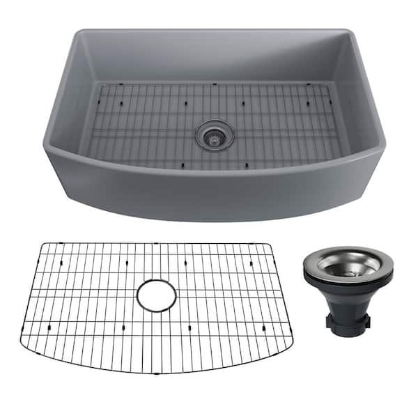 Boyel Living 33 in. Farmhouse/Apron-Front Single Bowl Matte Gray S3 Fine Fireclay Kitchen Sink with Bottom Grid and Strainer Basket