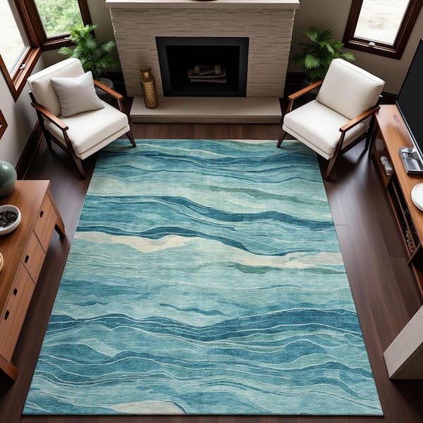 Mayfield Premium Machine Washable Abstract AMF1246 Turquoise 3 ft. x 5 ft. Area Rug