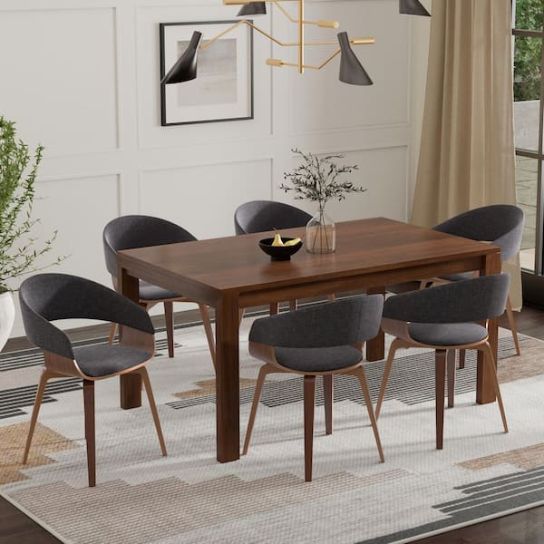 Simpli Home Lowell / Wilson 7-Piece Dining Set in Charcoal Grey Linen Look Fabric