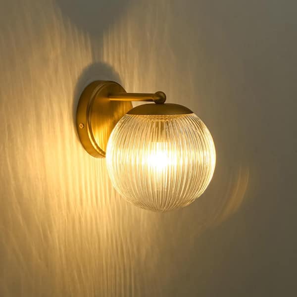 6.3 in. 1-Light Brushed Gold Vintage Industrial Wall Sconce with Round Clear Globe Ribbed Glass Shade