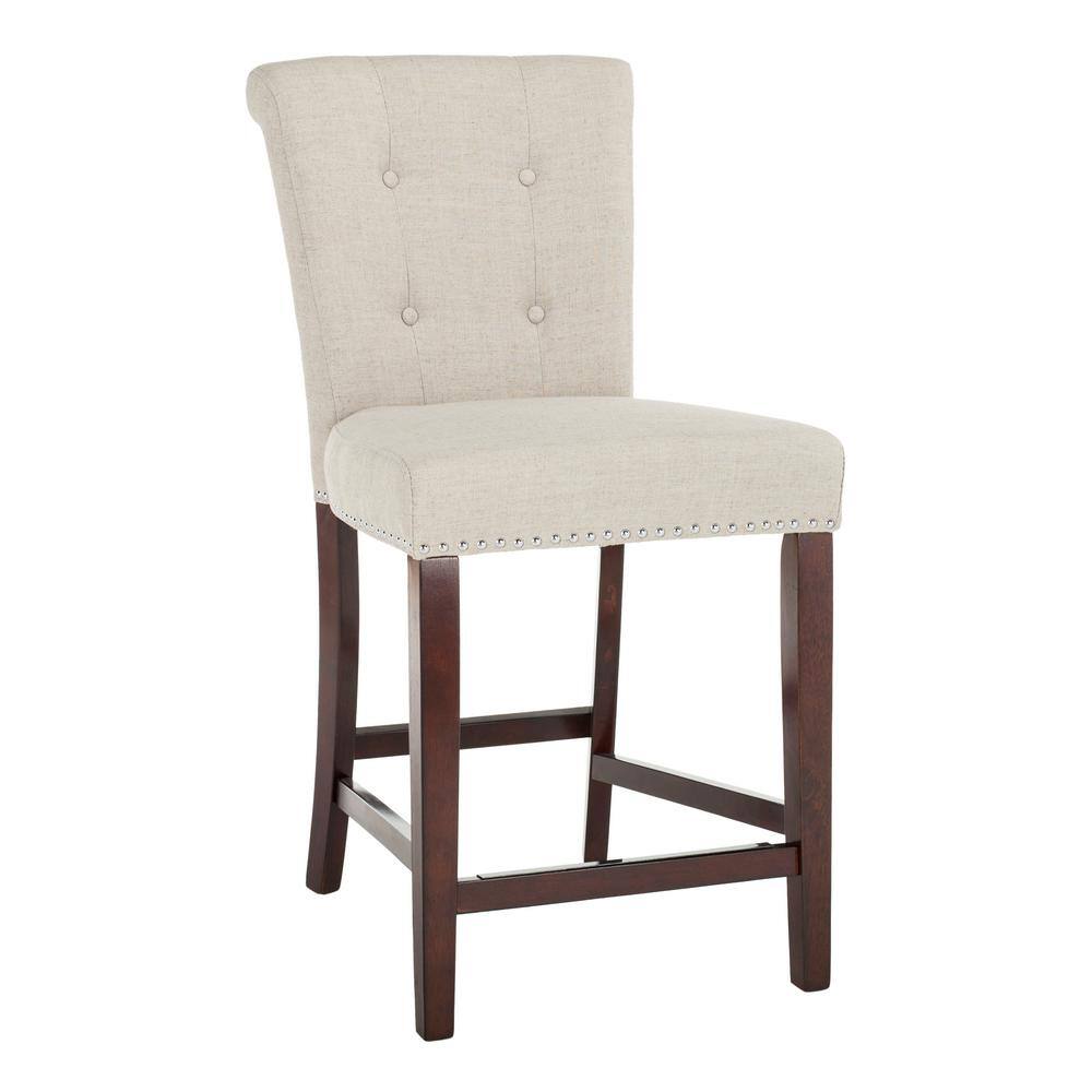 Transitional Light Grey Linen and Wood Counter Stools, Set of 2