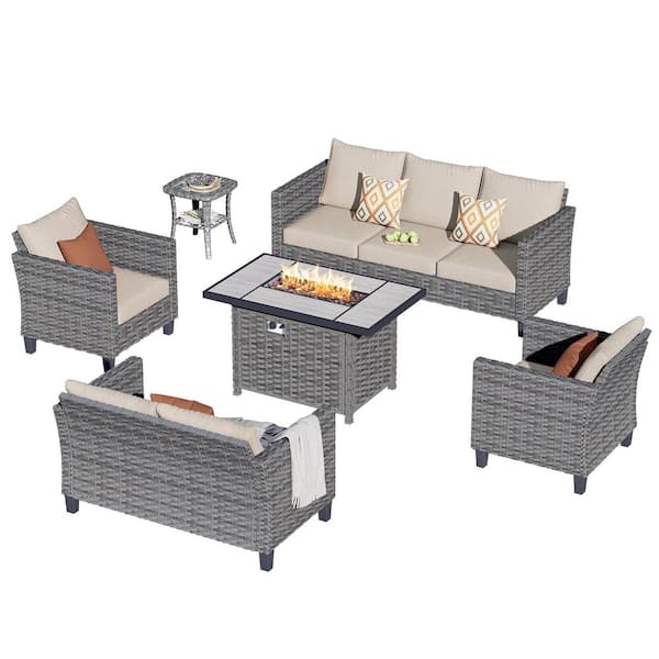 New Star Gray 6-Piece Wicker Patio Rectangle Fire Pit Conversation Seating Set with Beige Cushions