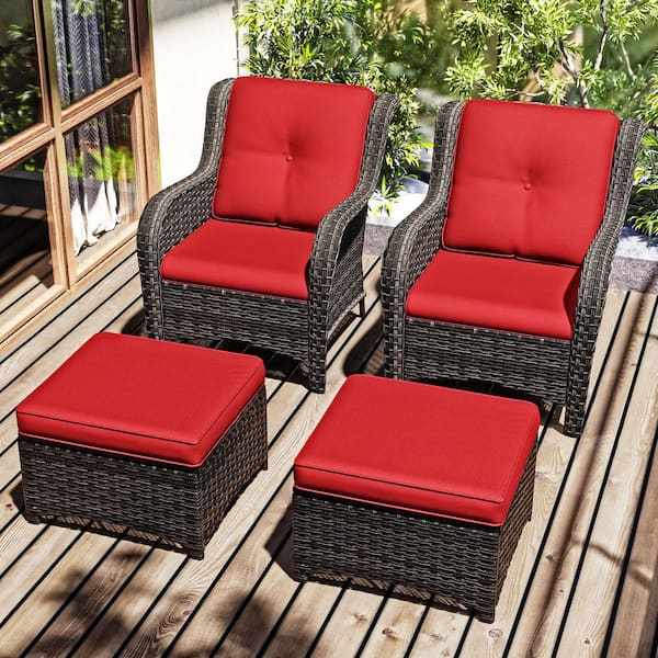 JOYSIDE 4-Piece Wicker Outdoor Patio Conversation Set with Red Cushions and Ottoman