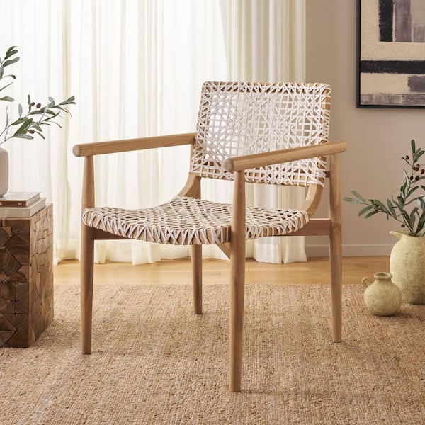 Sianna Brown Teak/White Leather Weave Laid-Back Arm Chair