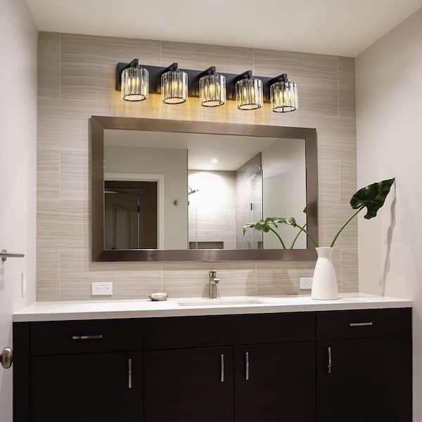 Orillia 35 in. 5-Light Vanity Light with Cylinder Crystal Shade Black Modern Wall Mount Sconce for Bathroom Powder Room