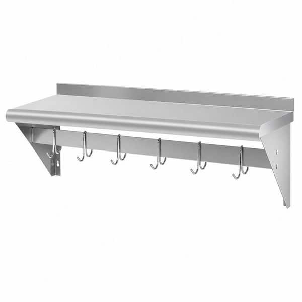 14 in. x 36 in. Stainless Steel Wall Mounted Pot Rack with 6 Hooks, 300 lb. for Storage Hanging Pots, Pans, Cookware