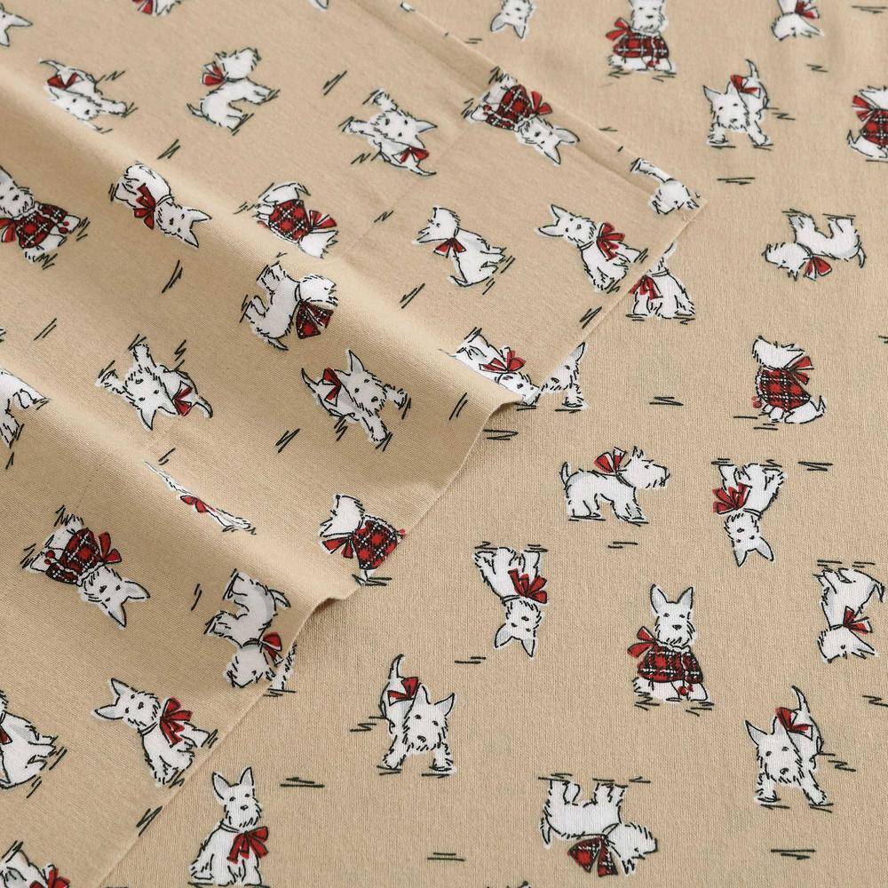 Holiday Scottie Beige Cotton Flannel Twin Bedding Set