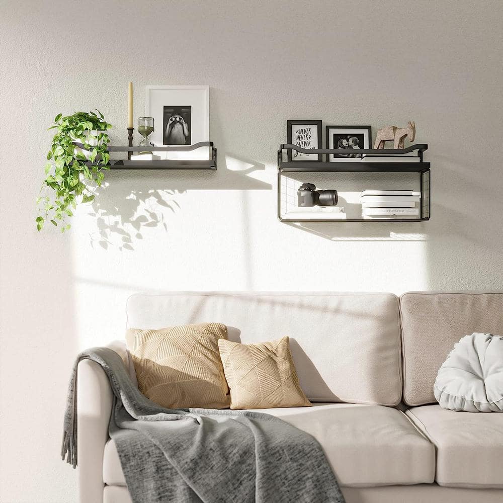 Black Wood Floating Wall Shelves with Wire Basket