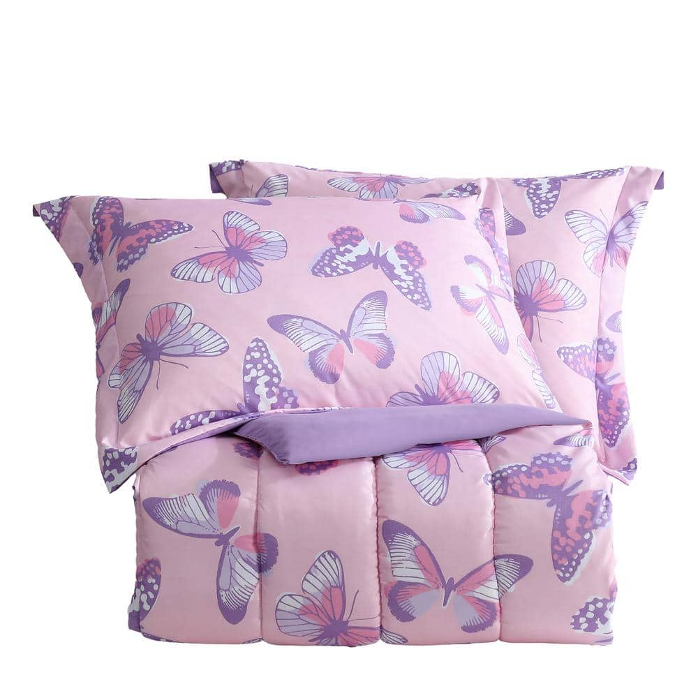 Pink and Purple Butterfly Twin Microfiber Comforter Set