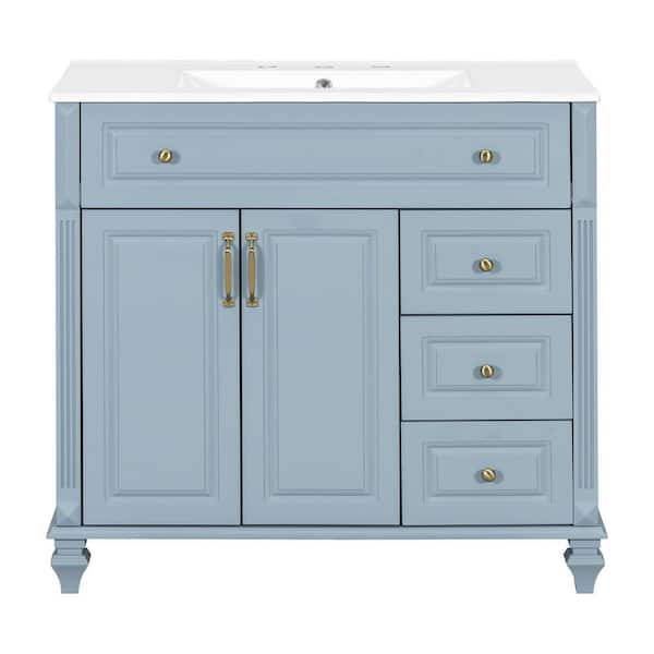 36 in. Freestanding Light Blue Bath Vanity with White Ceramic Top 3 Drawers and 2 Soft-Close Doors
