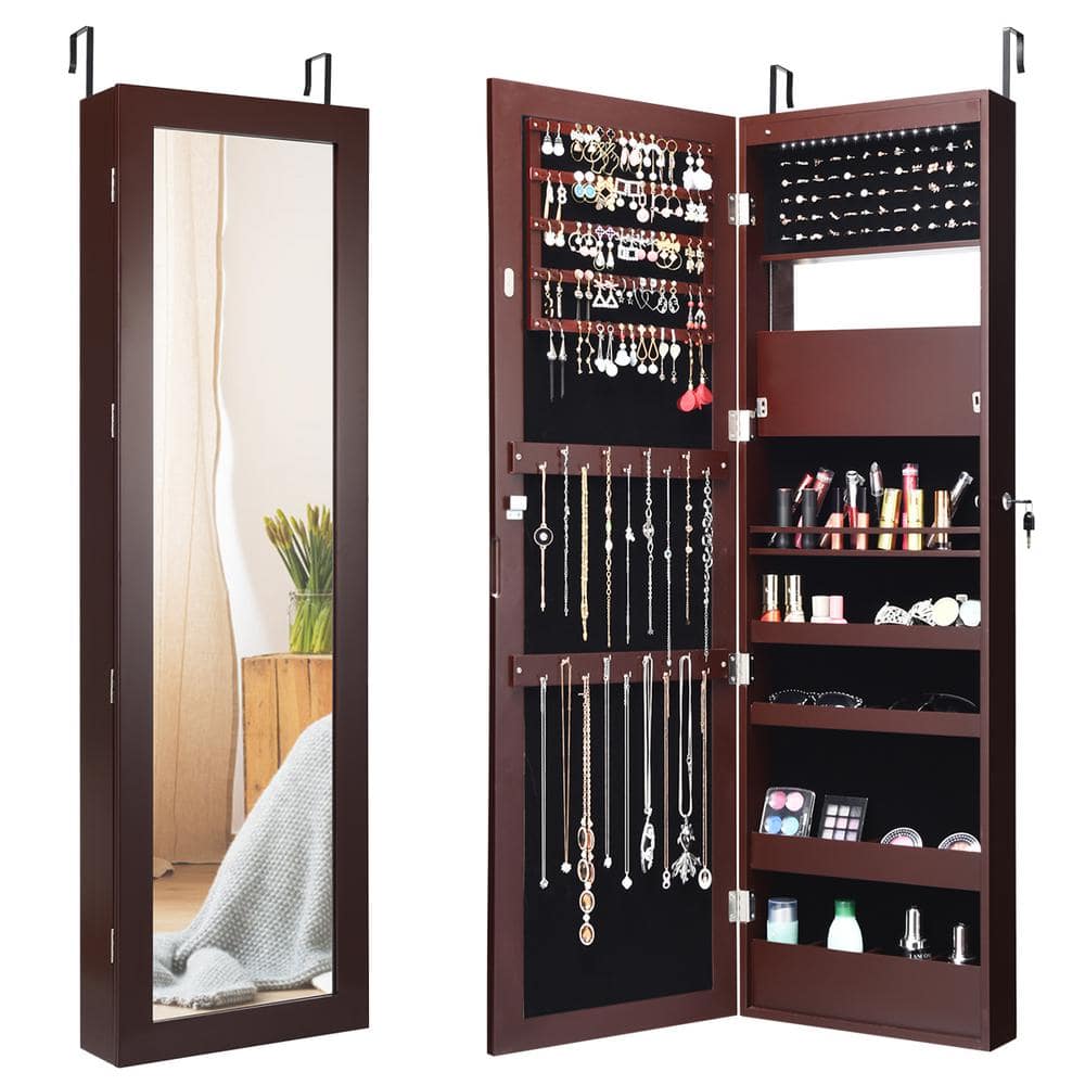 Costway 14.5 in. L x 3.3 in. W x 53.5 in. H Brown MDF Lockable Wall Door  Mounted Mirror Jewelry Cabinet GHM0128CF The Home Depot