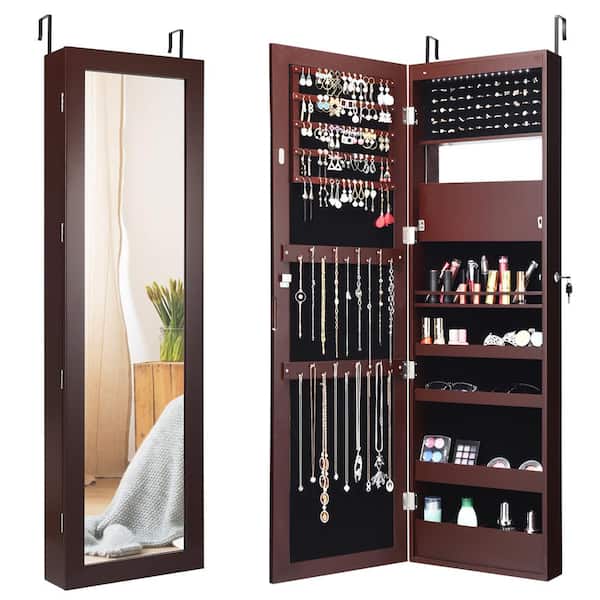 Costway 14.5 in. L x 3.3 in. W x 53.5 in. H Brown MDF Lockable Wall Door Mounted Mirror Jewelry Cabinet