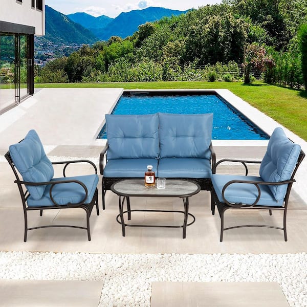 Tenleaf 4-Piece Wicker Outdoor Sofa Sectional Set Conversation Set with Blue Cushions
