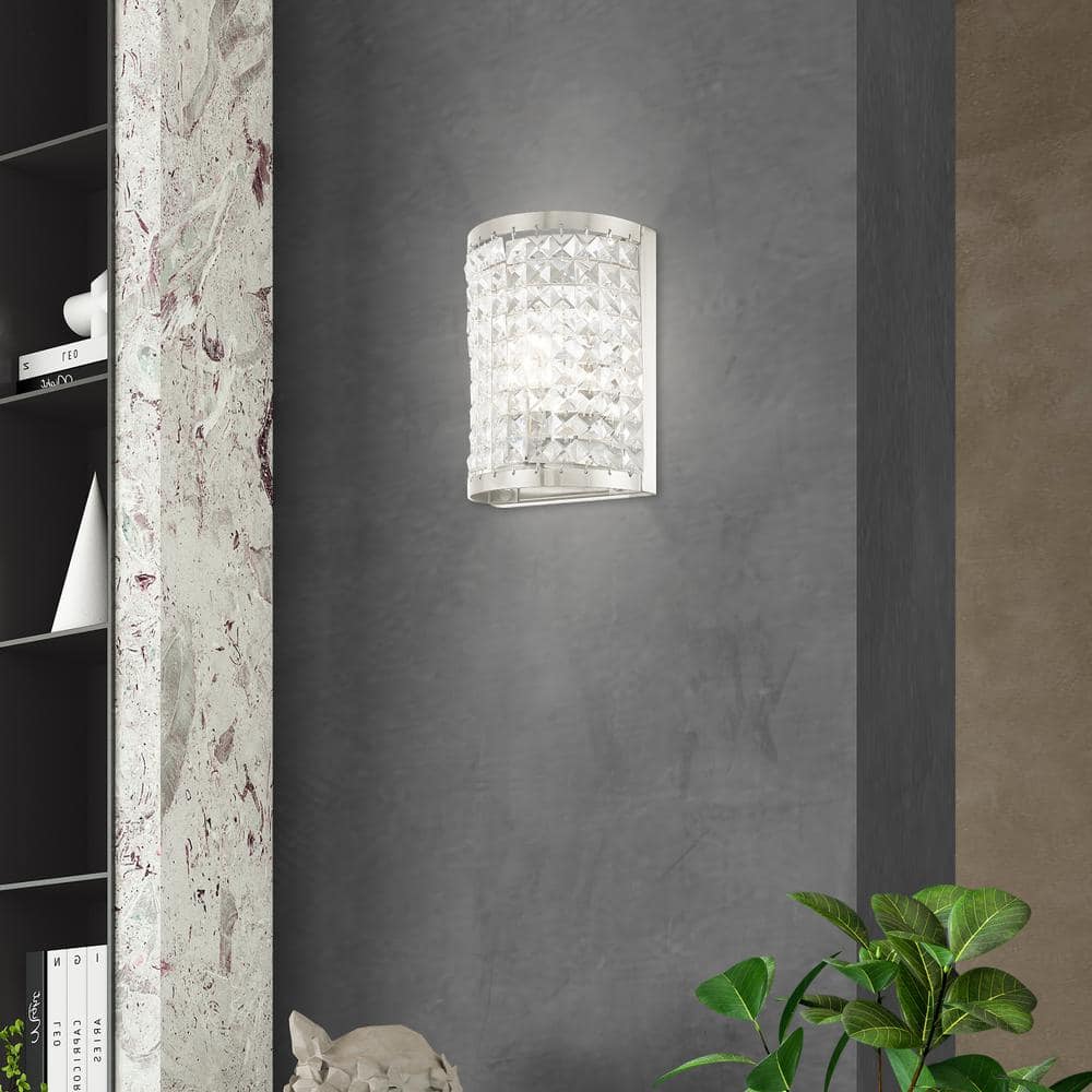 Brushed Nickel 1-Light Sconce with Clear Crystal Shade