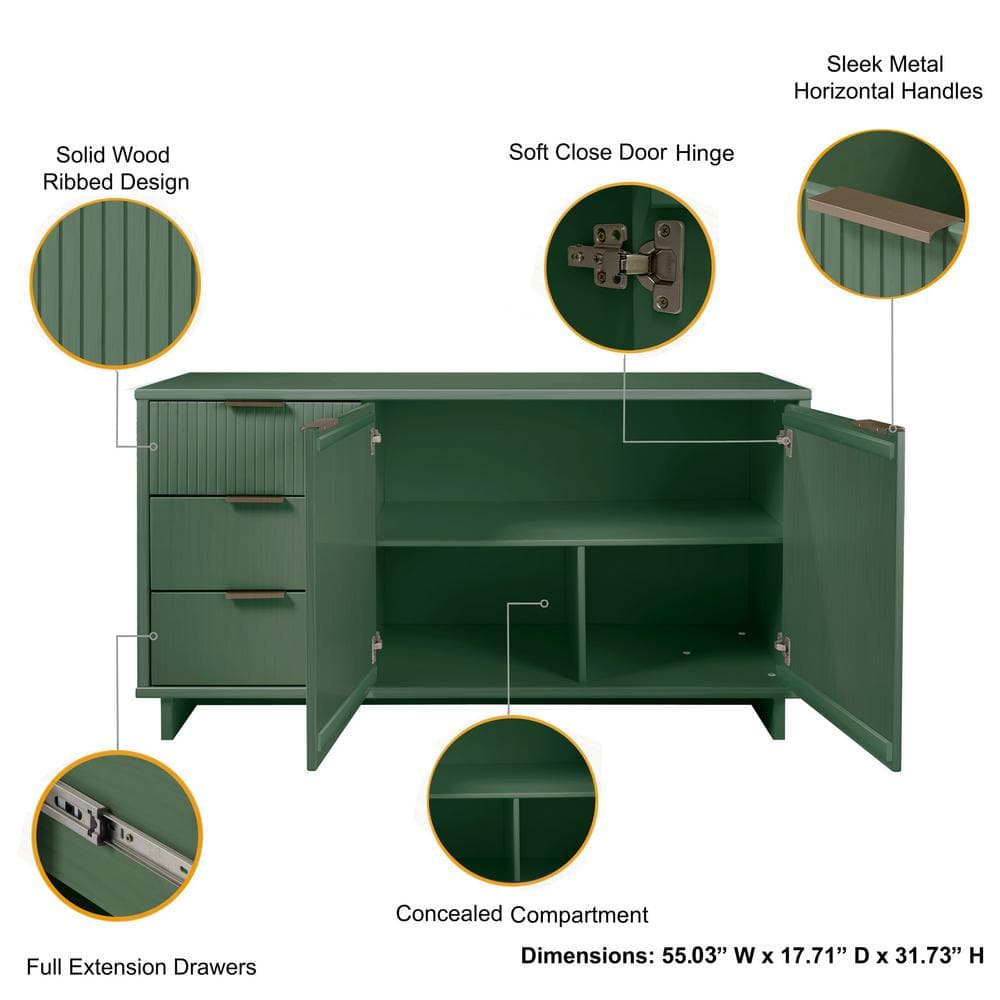 Granville Sage Green 55'' Modern Ribbed 3-Drawer Sideboard