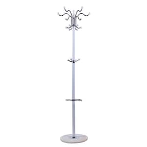 White Freestanding Hat Coat Rack Metal Tube Frame and Polished Marble Base with 16 Hooks