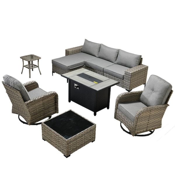 Verano 9-Piece Wicker Outdoor Patio Conversation Sofa Swivel Chairs Set with Metal Fire Pit and Dark Gray Cushions
