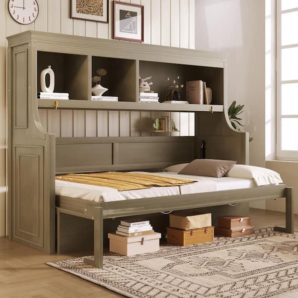 Gray Wood Frame Twin Murphy Bed with Desk, Storage Shelves
