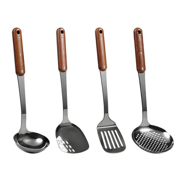 Stainless Steel Mirror Polished Black Finish Wok Spatula Slotted Spatula Ladle Skimmer Ladle Set Pack of 4