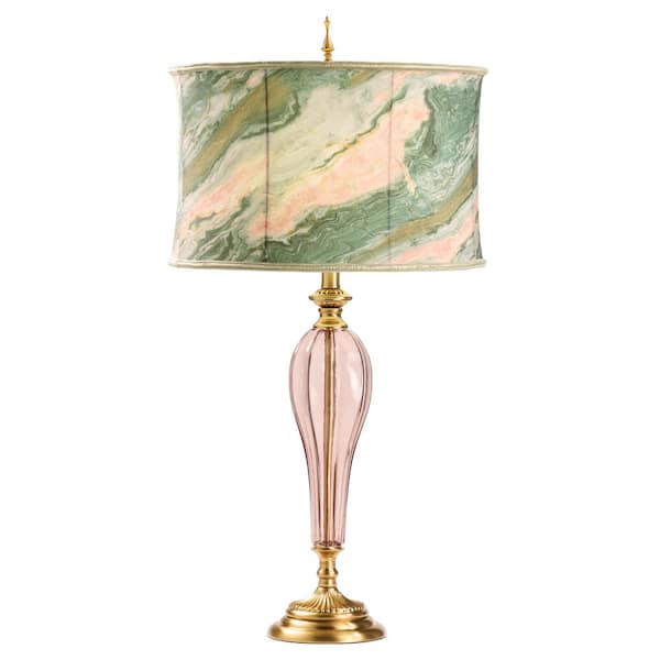Nicolette 33 in. Pink/Gold Geometric Table Lamp with Pink/Green Fabric Shade