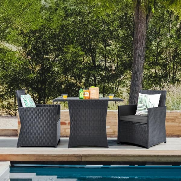 Kadehome 3-Piece Outdoor Rattan Metal Patio Conversation Sofa Set with Cushion in Gray