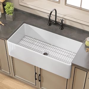 30 in. Farmhouse Kitchen Sink Single Bowl Undermount Fireclay Sink Apron-Front Sink in White with Bottom Grid, Strainer