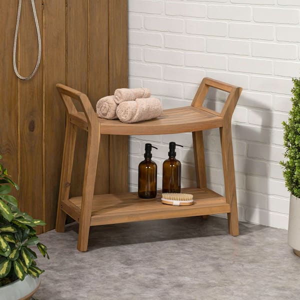 Orla 25.59 in. Modern Classic Slatted Solid Acacia Wood Indoor/Outdoor Shower Bench with Shelf and Handle, Light Teak