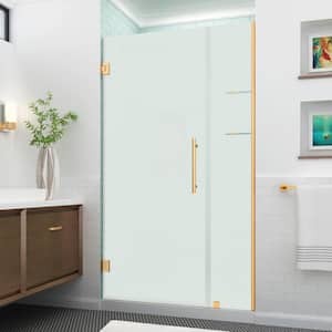 BelmoreGS 35.25 in. to 36.25 in. W x 72 in. H Frameless Hinged Shower Door Frosted Glass & Glass Shelves in Brushed Gold