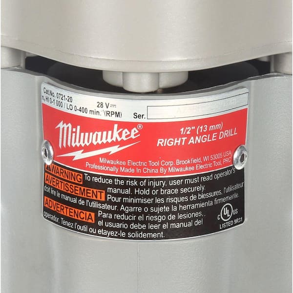 Milwaukee 0721-20 V28 Kit de perceuse/visseuse à angle droit sans fil 28 V  Lithium-Ion 1,27 cm, outil uniquement, pas de batterie : : Outils  et Bricolage