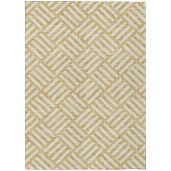 Gold, Ivory 10 ft. x 14 ft. Woven Geometric Polyester Rectangle Indoor/Outdoor Area Rug