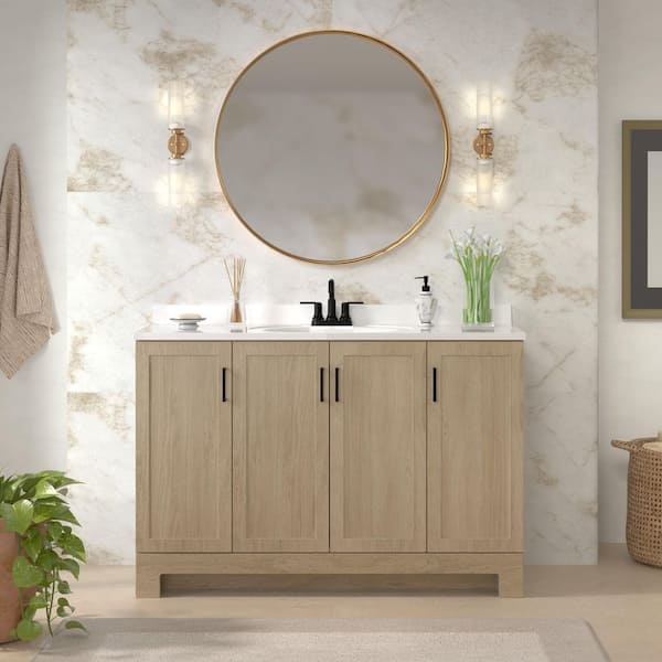 Oakley 49 in. Single Sink Beige Oak Bath Vanity with White Cultured Marble Top (Assembled)