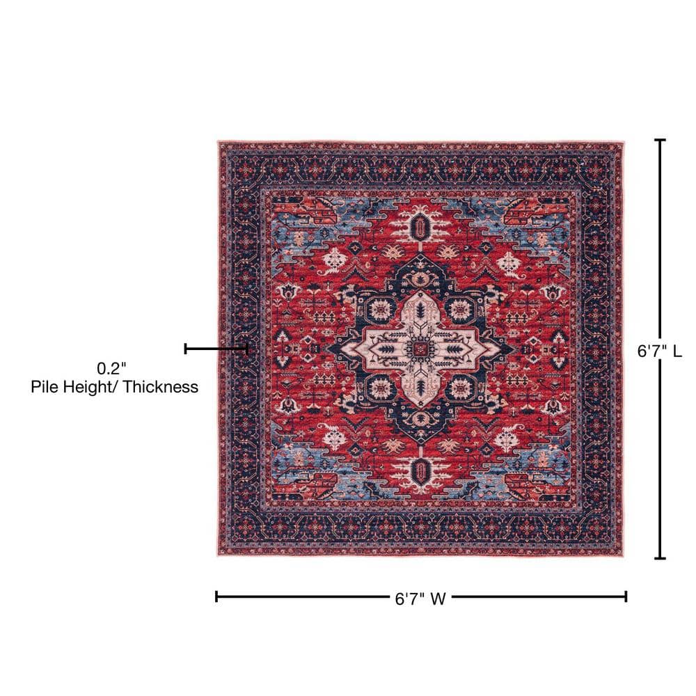 Serapi Red and Navy Square Viscose Area Rug