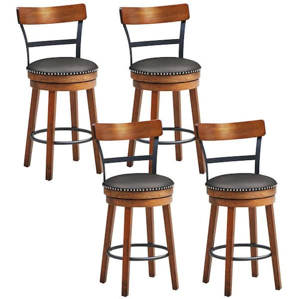 Gymax 39 in. H BarStool 25.5 in. Low Back Swivel Counter Height Dining Chair with Rubber Wood Legs Brown (Set of 4)
