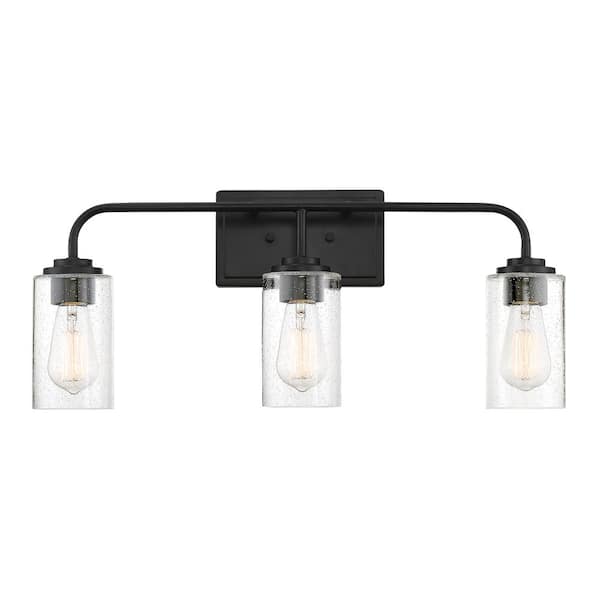 Logan 24.5 in. 3-Light Matte Black Transitional Vanity Light with Clear Seedy Glass Shades