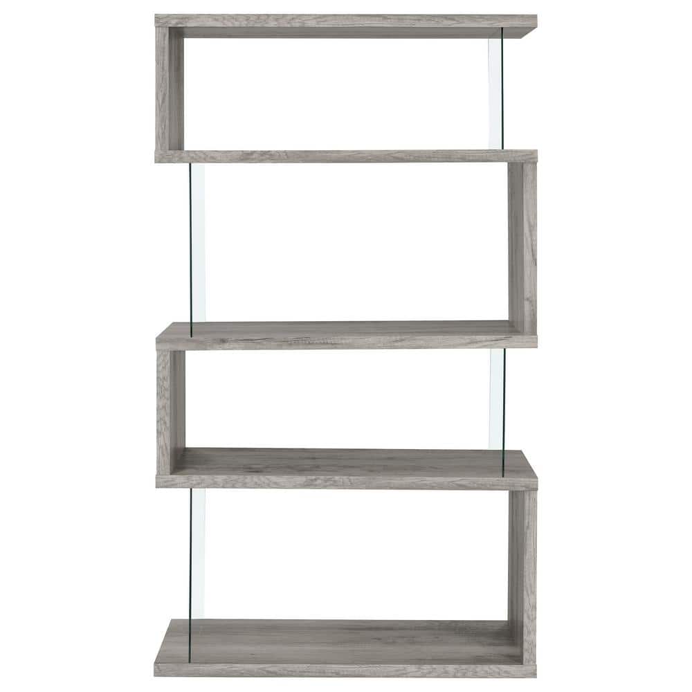 Zigzag Contemporary 63" Gray Wood Bookcase with Glass Panels