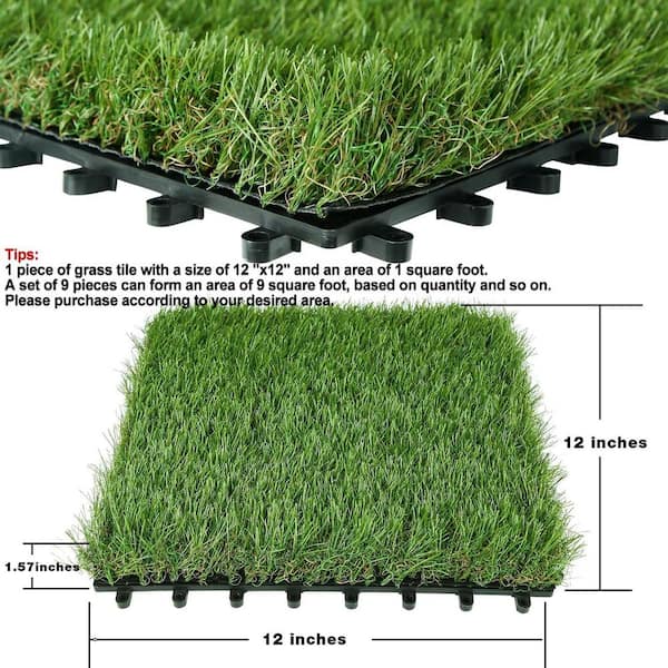 Angel Sar 1 ft. x 1 ft. Composite Green Artificial Grass Turf Interlocking Deck Tiles, Fake Grass Self-draining Mat (18-Piece)