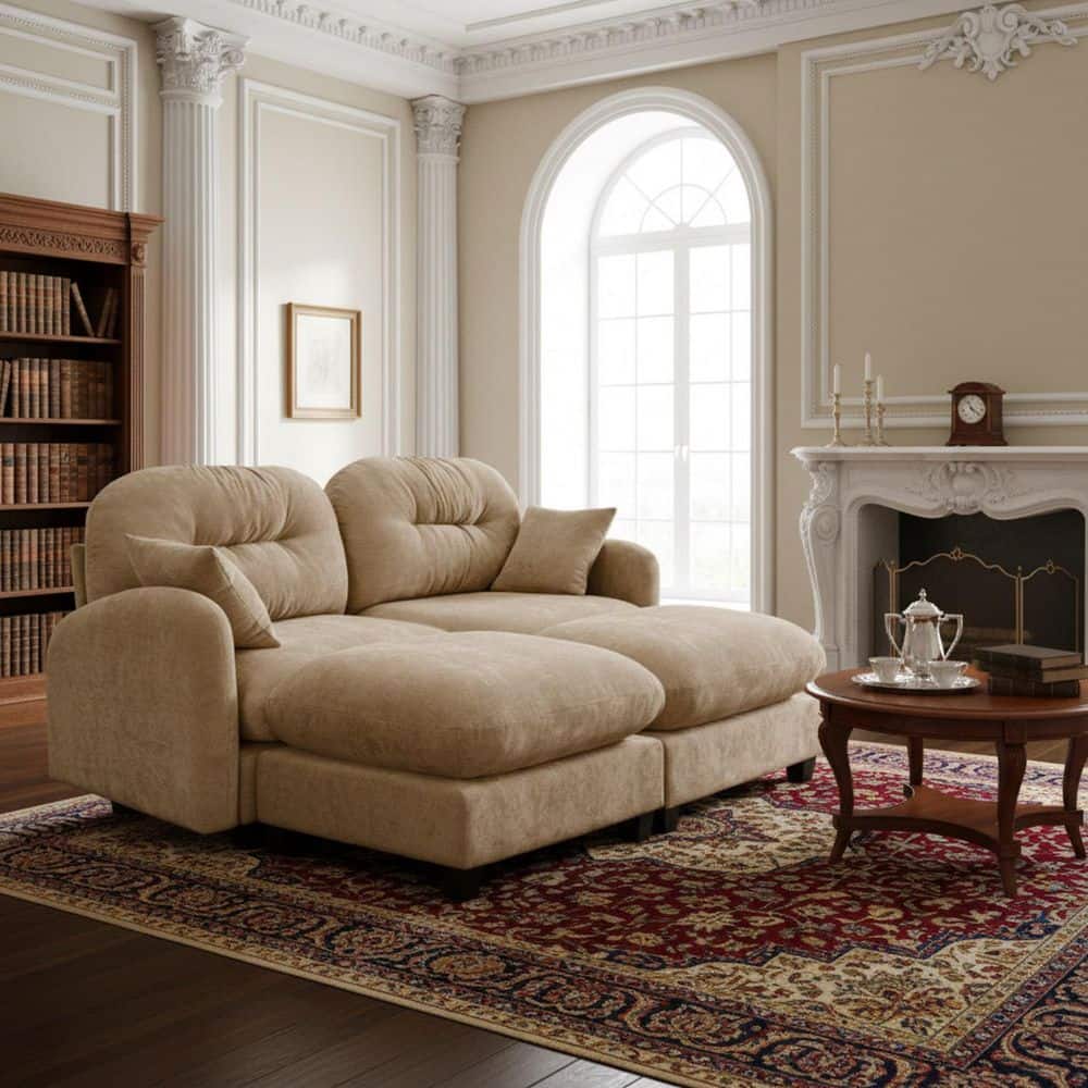 PMOB 74 in. Round Arm 4-piece Chenille Rectangle Tufted Backrest with Ottoman Sectional Sofa in Walnut Brown price history on PriceWatchPro