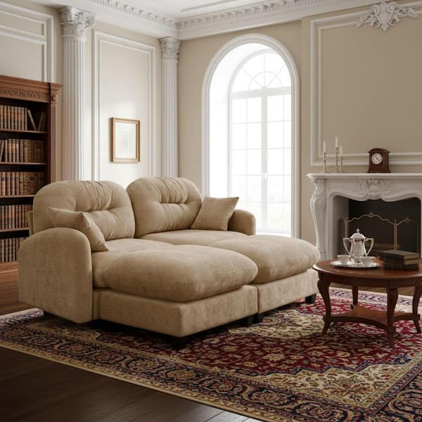 PMOB 74 in. Round Arm 4-piece Chenille Rectangle Tufted Backrest with Ottoman Sectional Sofa in Walnut Brown