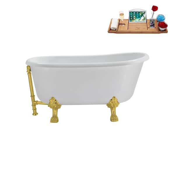 Streamline 63 in. Acrylic Clawfoot Non-Whirlpool Bathtub in Glossy White with Polished Gold Drain and Polished Gold Clawfeet