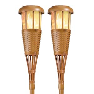 Bamboo Colored LED Solar Flame Torch with Weatherproof Dusk-to-Dawn, Realistic Dancing Flickering Flame (2-Pack)