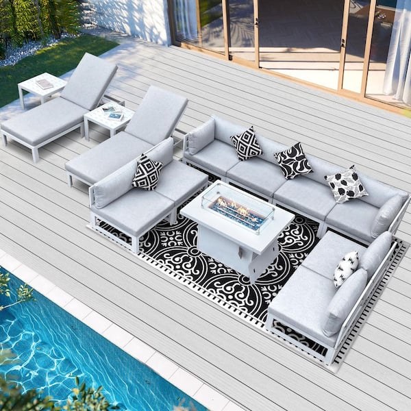13-Piece White Aluminum Outdoor Patio Conversation Set with Light Gray Cushion, Deep Seating Lounges and Fire Pit Table