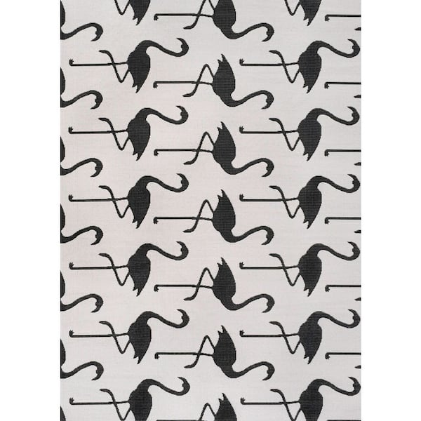 Liana Casual Coastal Flamingos 2-Tone White/Black 8 ft. x 10 ft. Indoor/Outdoor Area Rug