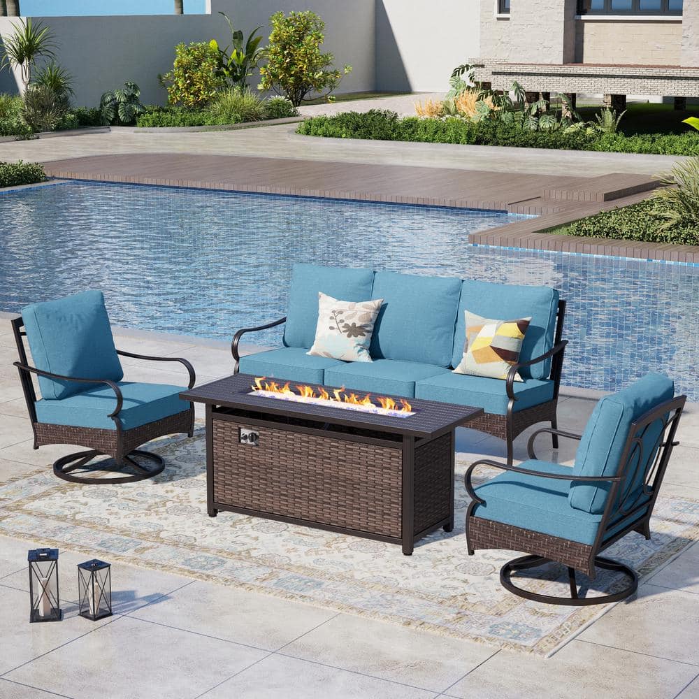 Rattan 4-Piece 5 Seat Metal Outdoor Patio Conversation Set with Denim Blue Cushions, Swivel Sofas and Fire Pit Table price history on PriceWatchPro