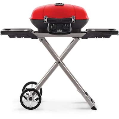 TravelQ Portable Propane Gas Grill with Cast Iron Grates, Bonus Griddle and Easy Folding Scissor Cart in Red