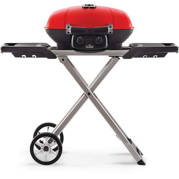 NAPOLEON TravelQ Portable Propane Gas Grill with Cast Iron Grates, Bonus Griddle and Easy Folding Scissor Cart in Red