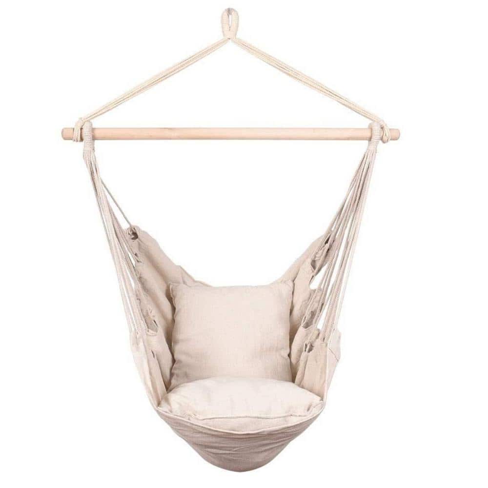 Hanging Rope Hammock 39 in. 1-Person Natural Sling Patio Swing with Cushion Guard Beige Cushions and Carrying Bag