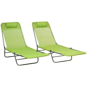 2-Piece Metal Green Fabric Outdoor Folding Chaise Lounge with Adjustable Back, Breathable Mesh for Beach, Yard, Patio