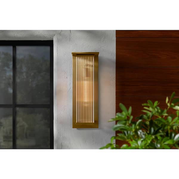 Home Decorators Collection Jardine 20 in. 1-Light Gold Modern Outdoor Wall Light Fixture with Clear Ribbed Glass