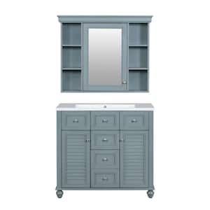 36 in. W x 18 in. D x 33 in. H Freestanding Bath Vanity in Grey Blue with White Cultured Marble Top and Mirror Cabinet